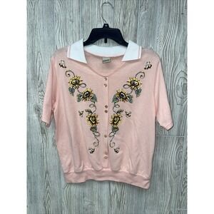 Vintage Haband Womens Large Short Sleeve Shirt Coral Peach Bees Flowers Low Neck